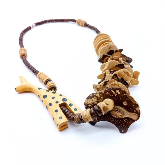 Vintage Tribal Statement Bib Necklace, Folk Art Wood Safari with Offset Giraffe - Picture 3 of 3